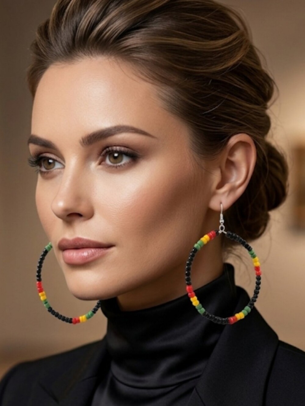 Handmade hoop earrings with African-inspired seed beads in red, yellow, green